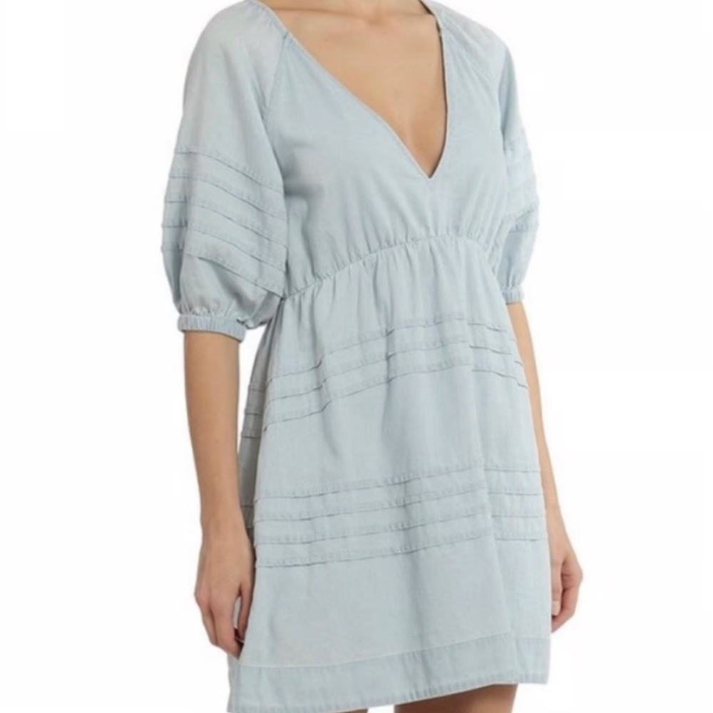 7 FOR ALL MANKIND Denim Babydoll Dress Large Blue Puff Sleeves